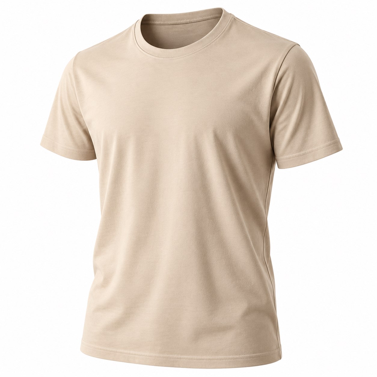 Camisa leve na cor areia, de manga curta e gola redonda