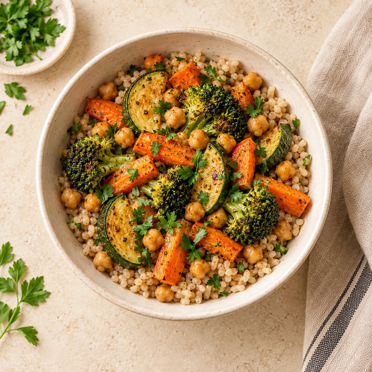 Bowl de arroz integral, grão-de-bico e legumes